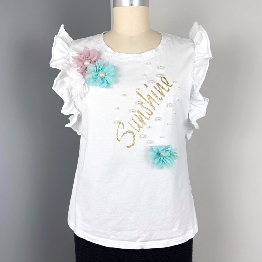 Maybe Wang Women's Flower Accent Short Flutter Sleeve T-Shirt White Size L